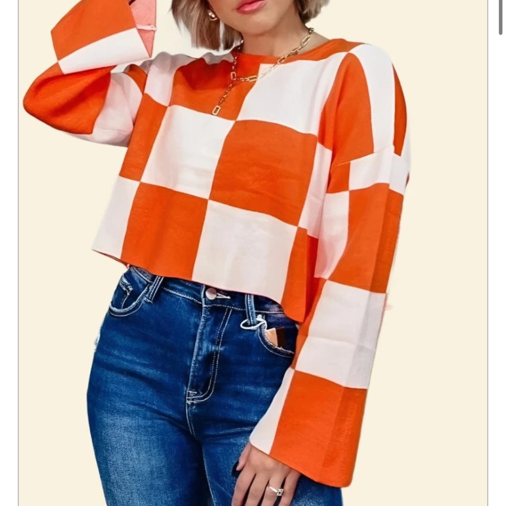 Gameday Orange Checkered Sweater Top